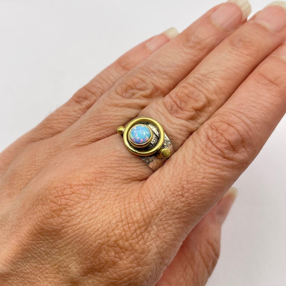 Artisan Rustic White Opal Sterling Silver Brass Ring Textured Band 8.25 US - Picture 7 of 8